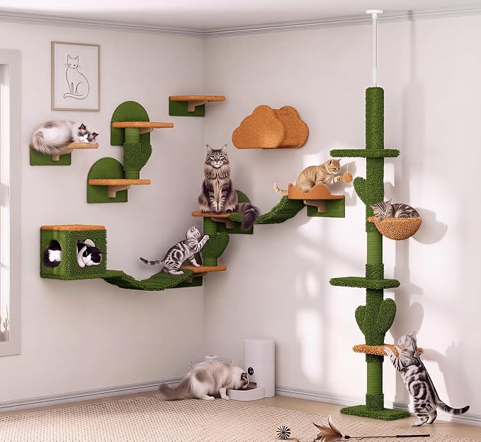 Cactus Floor to Ceiling Cat Tower, 14-in-1 Cat Wall Shelves, Green | Cats Tree with Adjustable Height(87-104 IN), Cat Climbing Wall Furniture Set for 16 Inch Drywall, with Scratching Post, Cloud