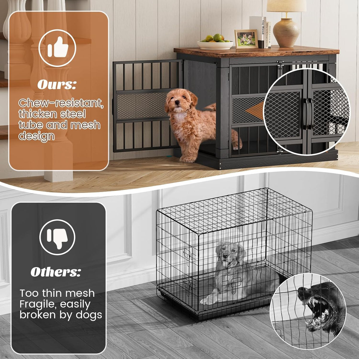 VOPEAK 27.5" Dog Crate Furniture, Chew Resistant Dog Crate for Small Dogs Puppy, Heavy Duty Dog Crates Dog Kennel Cage Indoor with Double Doors, Wooden End Table for Bedroom Living Room, Black