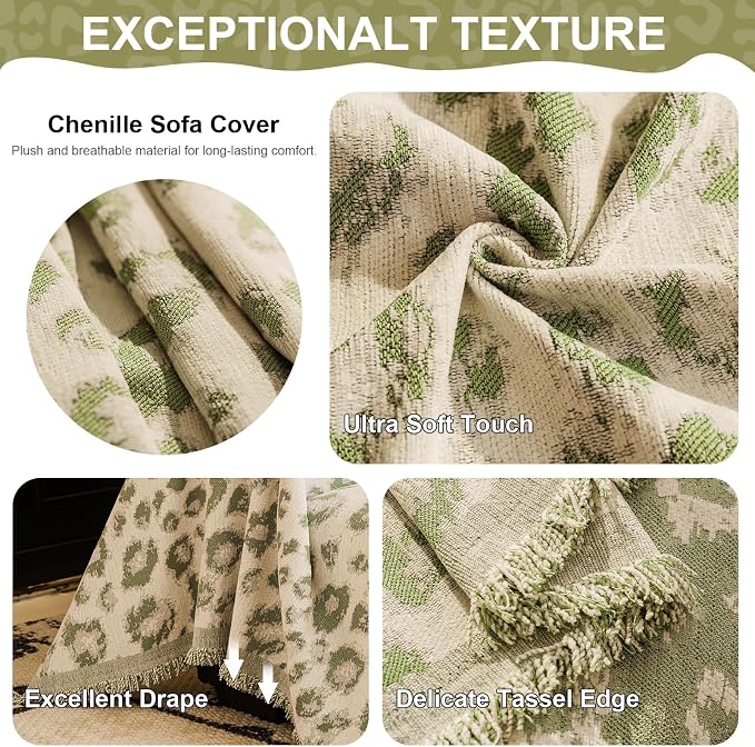VClife Bohemian Couch Cover, Large Leopard Couch Covers for Dog, Soft Animal Print Furniture Protector for Sofa Bed, 1 Piece Large Couch Cover for 2 Cushion Couch Sofa, Washable, Non-Pilling, Green
