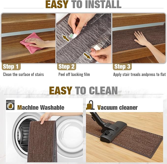 Stair Treads Non Slip for Wooden Steps Indoor 15 Pack 8" X 30" Carpet Stairs Runner for Wood Stairs, Stair Tread Rugs with Reusable Adhesive for Dogs Kids and Elders, Machine Washable, Brown