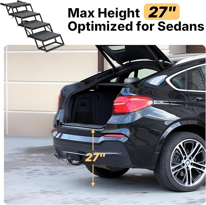 Veehoo Foldable Dog Steps for Car Truck SUV, Collapsible Large Dogs Stairs | 4 Steps Folding Dog Ramp for Cars Portable Pet Ramps Ladder Heavy Duty Non Slip for Trucks Vehicle 17" Wide, Up to 200lbs