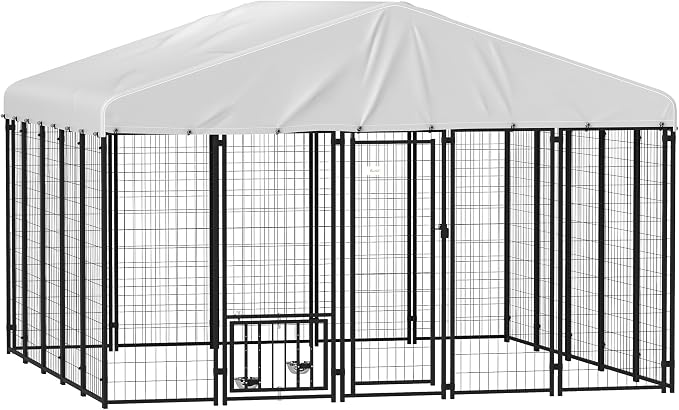 PawHut 10' x 10' x 6' Outdoor Dog Kennel with 360° Rotating Bowls, Sliver | Welded Wire Dog Kennel Outside Run, Waterproof & UV Resistant Cover, for S&M&L Breeds, Chickens & Ducks