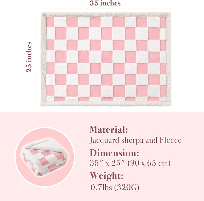 Ohocut Checkered Dog Blanket, Pink Jacquard Sherpa Blankets for Small Dog and Cats, Cute Aesthetic Style Fluffy Fleece Pets Blanket for Couch Protection Washable, 25"x35"
