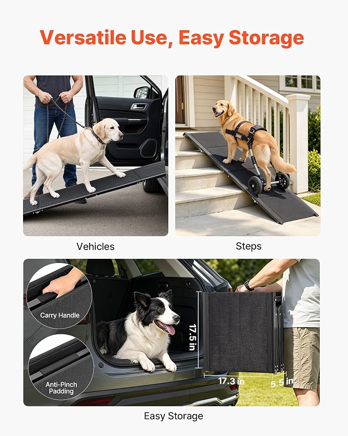 VEVOR Dog Ramp for Cars, 63" L x 17" W, Folding Pet Ramps for Medium & Large Dogs up to 250lbs, Pet Stair Ramp with Non-Slip Oxford Fabric Surface, Portable Outdoor Dog Car Ramps for SUV & Truck