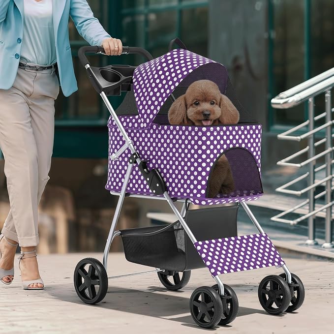 Magshion Foldable Pet Stroller, 3-in-1 Dog Travel Jogger with Detachable Carrier, Cup Holder, Storage Basket, Folding Carrier for Small/Medium Dogs & Cats Up to 33 lbs, Purple Polka Dots