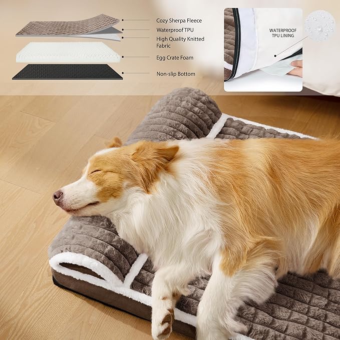 Orthopedic Large Dog Bed Pillow Pet Sofa Bed 48''X30'' Taupe | Egg-Crate Foam Pet Couch Large Sized Dog, Waterproof Removable Washable Cover,Furry Puppy Crate Mat With Nonskid Bottom