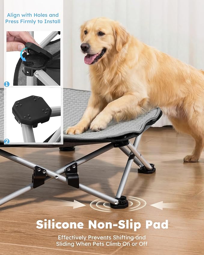 Pecute Raised Dog Bed with Cooling Mat, Elevated Pet Cot for Large Dogs, XL | Breathable Textilene Mesh, Outdoor Camping & Beach, Steel Frame,130 lbs Heavy Duty Support, Tool-free 3-second Quick Assembly
