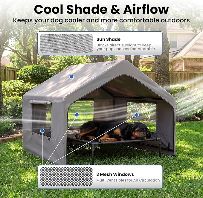Zooba Extra Large Dog Shade with Elevated Bed, Outdoor Dog House Waterproof | 4’×4’×3.3’ Dog Shelter with Canopy, Dog Tent for Outside, 2-in-1 Separate Design, Grey