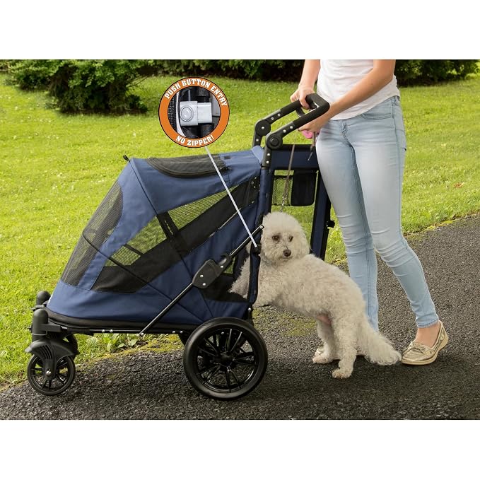 Pet Gear NO-Zip Pet Stroller with Dual Entry, Push Button Zipperless Entry for Single or Multiple Dogs/Cats, Pet Can Easily Walk in/Out, Gel-Filled Tires, Navy, Excursion