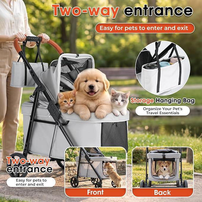 Dog Stroller for 2 Small Dogs or 1 Medium Pet, Low-Entry Design with Anti-Jump-Out, 600D Oxford Fabric, Up to 70 lbs,Grey