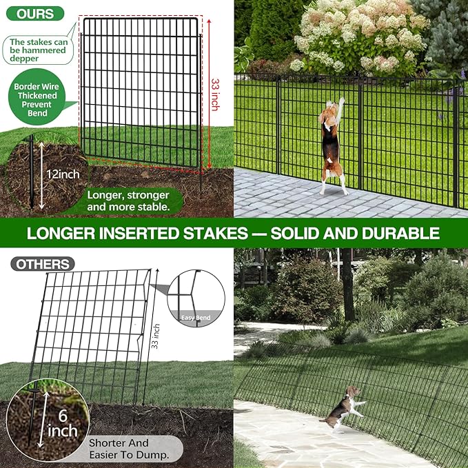 5 Panels Garden Fencing Animal Barrier with Lock, 33 in(H) X 12 ft(L) Dog Fence Outdoor for Yard Rustproof No Dig Decorative Tall Garden Fence Metal Wire Panel Border Rabbit Ground Stakes Fencing