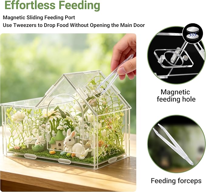 Acrylic Jumping Spider Enclosure Kit 27PCS with Decor | 27-in-1 whimsical set with cloud decor, green house, bunny figurines, ideal for mantis & tarantula