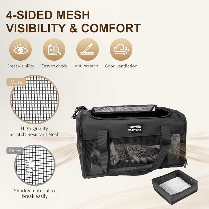 Pet Carrier Airline Approved, Soft Sided Cat Carrier for Small Pets up to 13 lbs, TSA Approved Dog Travel Bag, Portable Soft Sided Pet Carrier for Kittens and Puppies (Black, Travel Litter Box)