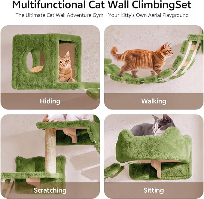 9-in-1 Cat Wall Shelves, Cat Wall Furniture Set with Bridge, Green | Wall Mounted Cats Shelf for Space-Saving, Multi-Level Cat Climbing Systems for 16 Inch Drywall, with Scratching Posts, Condos