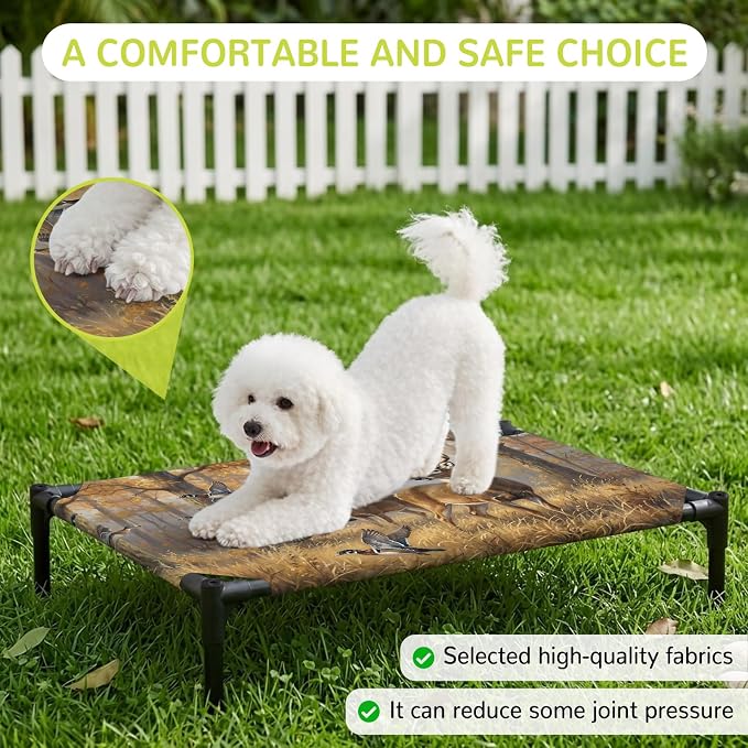 Outdoor Elevated Dog Bed for Large Dogs, Brown Deer Birds Breathable Cooling Raised Dog Cot for Indoor/Outdoor, Autumn Forest Trees Grass Natural Scenery Waterproof Elevated Pet Beds, L 28 x 22 in