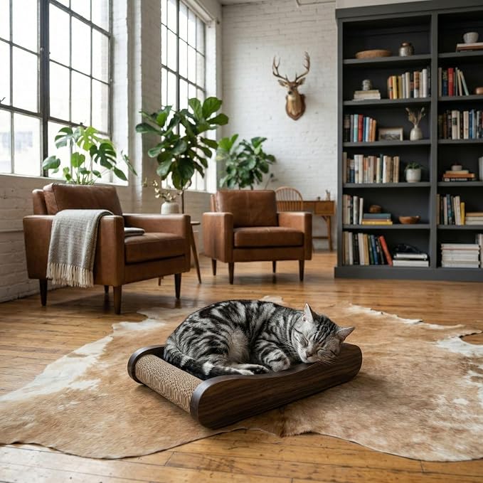 Claw Surfer Cat Bed - Cat Scratcher Bed & Lounge – Heavy Duty High-Density Cardboard, Lasts 5X Longer. Modern Curved Scratching Pad with 20mm White Frame. Non-Toxic, No Mess, Espresso
