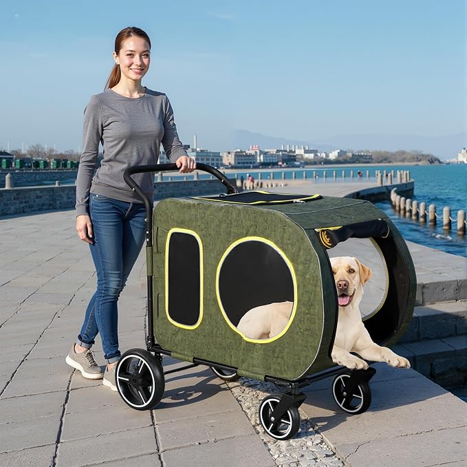 2025 Upgraded Dog Stroller for Large & Medium Dogs，Pet Stroller for 2 Small Dogs, Foldable Jogger Wagon with Detachable Carrier for Car Seat, Adjustable Handle, Up to 90 lbs, Green