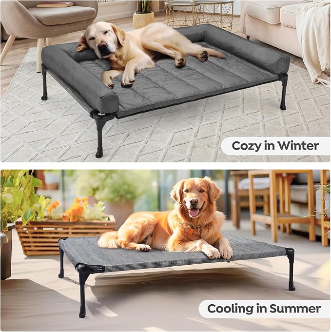 Veehoo Outdoor Elevated Dog Bed with Waterproof Bolster Cushion, Cooling | Raised Dog Bed with Removable & Washable Mat Topper, Breathable Mesh, Dog Couch Cot for Indoor Outdoor, 32", Medium, Melange