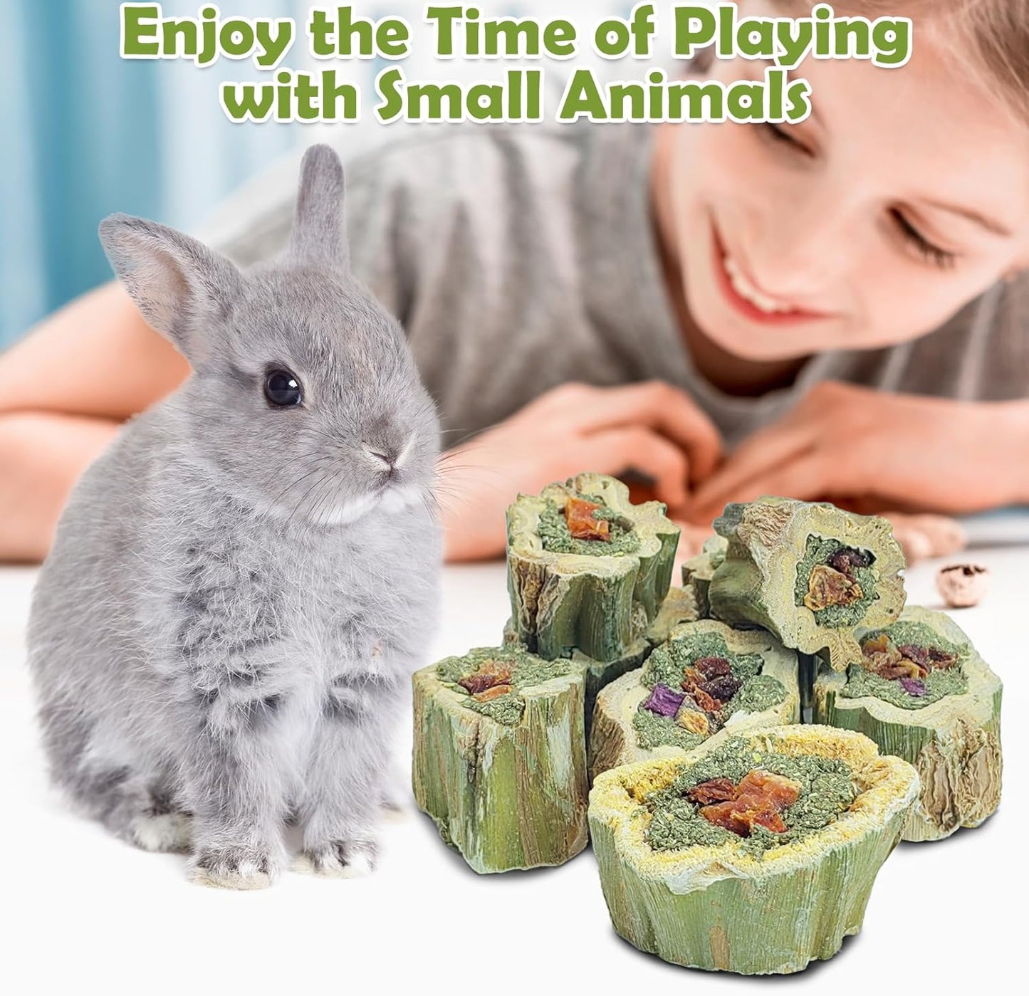 Fhiny Rabbit Chew Toys Natural Baked Papaya Wood Bunny Molar Treats Contain Alfalfa Grass Apple Carrot and Purple Sweet Potato Filling for Hamsters Guinea Pigs Chinchillas Teeth Grinding(0.44 lb)