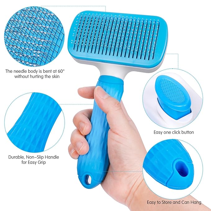 Dog & Cat Brush Kit 2PCS, Self Cleaning Slicker Brush for Pets, Upgraded Dog Brush for Shedding Massaging and Grooming, Removes Loose Undercoat & Portable Comb for Long Short Haired Dogs(Blue)