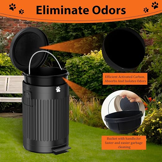 Dog Poop Trash Can Outside - 12L/3.1Gal Metal Outdoor Trash Can with Lid | Outdoor Dog Poop Trash Can with 40 Bags and Removable Inner Bin, Dog Waste Container with Lid Soft Close, Round Black