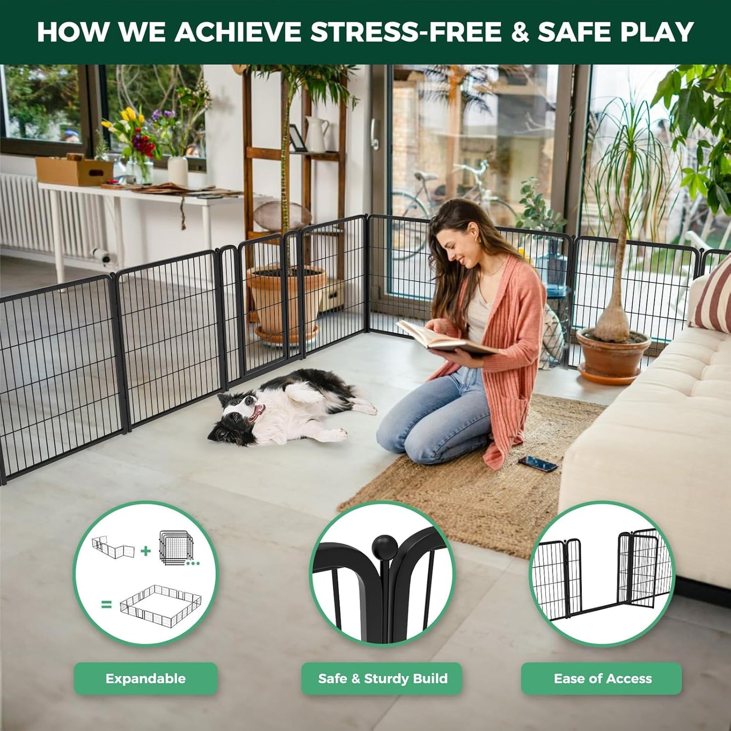 FXW Homeplus Unleashed Indoor Dog Playpen - Stress-Free and Safe Play, Heavy Duty 32 Inch 12 Panels Dog Pen for Small and Medium Dogs, Black│Patented
