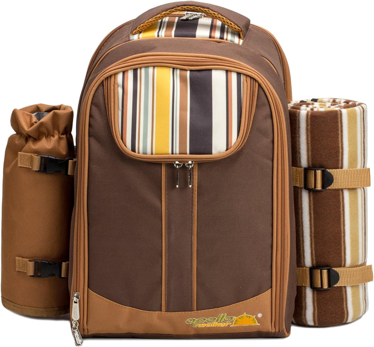 apollo walker Picnic Backpack Bag for 2 Person with Cooler Compartment, Detachable Bottle/Wine Holder, Fleece Blanket, Plates and Cutlery(2 Person, Brown)