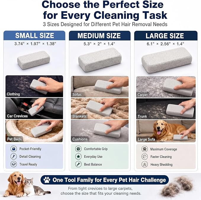 3 Pcs Abbyike Pet Hair Remover Rock Pumice Stone for Dog Cat Hair Pet Removal Cleaning Fur Removal Block Tool Scraper for Car, Carpet, Couch, Beding, Fufmiture Cleaning (5.3 x 2 x 1.4 Inch,Gray)