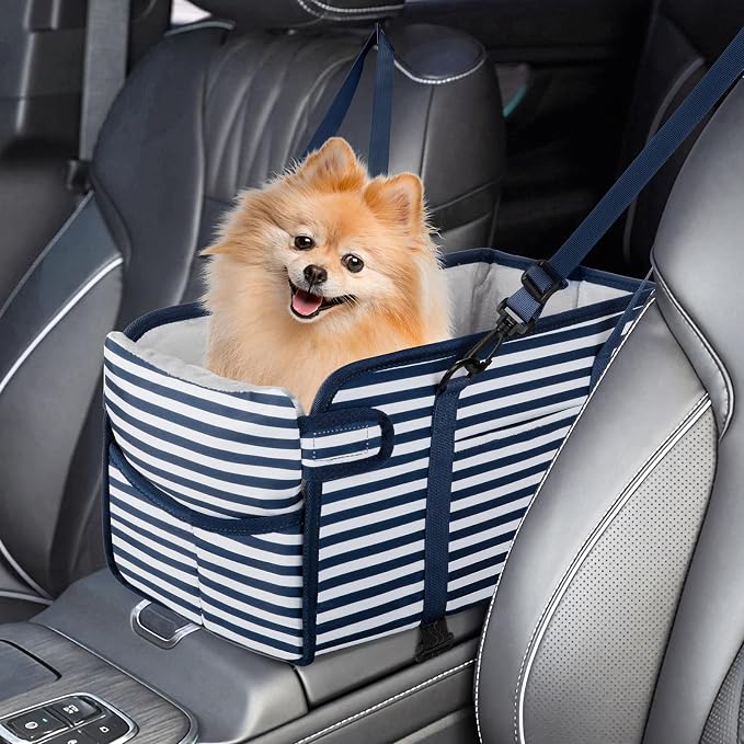 Portable Dog Car Seat for Small Dogs, Puppy Car Seat, Blue Stripes | Booster Seat With Safety Leash & Adjustable Straps Keeps Small Dogs Secure. Removable Washable Cushion. Fits Most Cars.