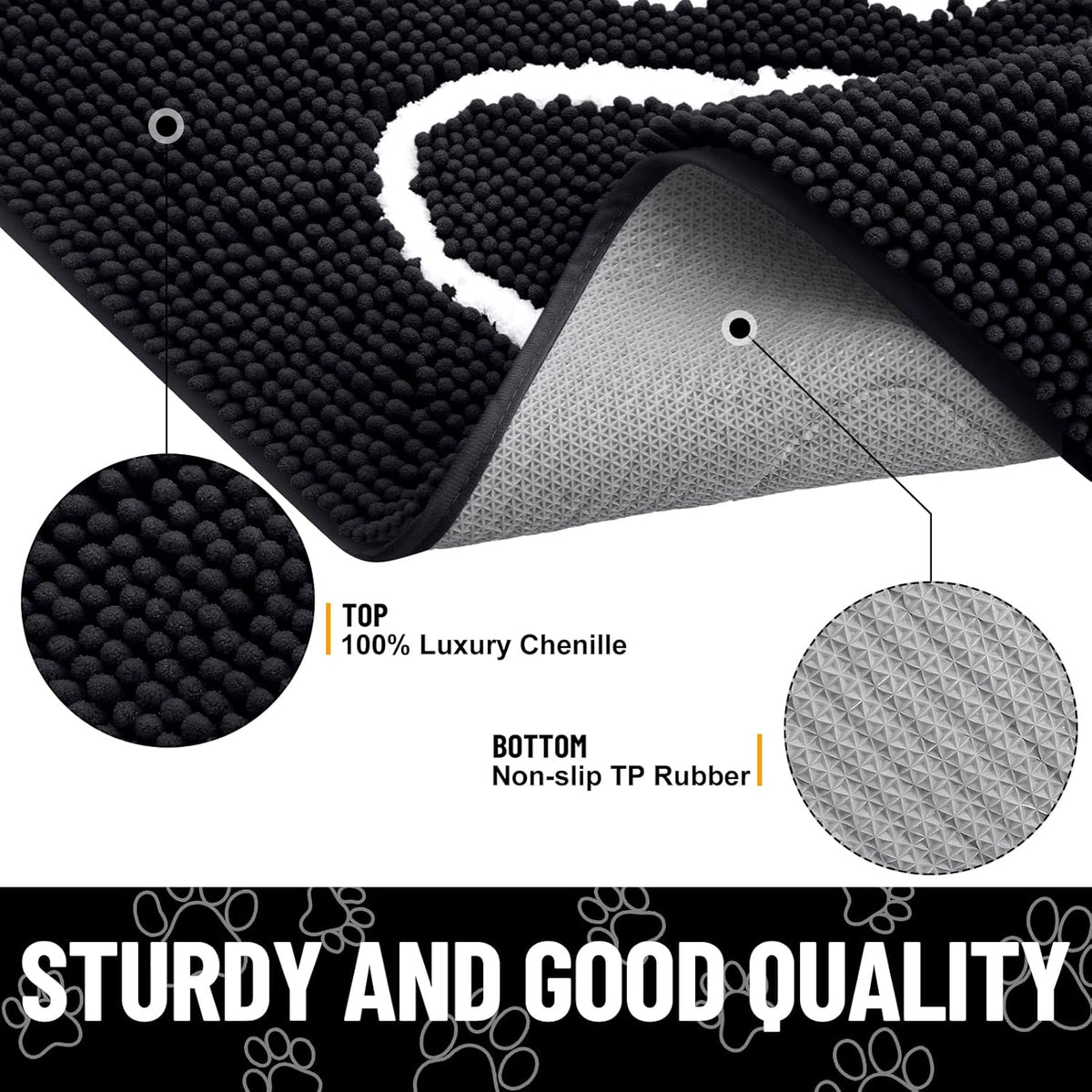Smiry Dog Door Mat for Muddy Paws, Absorbent Dirt Trapper Non Slip Quick Dry Washable Chenille Mat for Mud Dogs, Entry Rug for Indoor and Outdoor (48x30 Inches, Black)