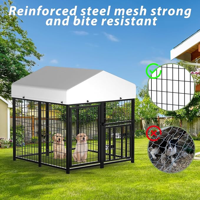 LOVMOR 4' x 4' Outdoor Dog Kennel with Roof for Large Dogs | Heavy duty steel frame, waterproof canopy, double latch door, adjustable feeding bowls for yards and patios