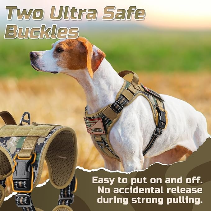 rabbitgoo Tactical Dog Harness for Large, No Pull Military Service Vest | Molle & Handle, Heavy Duty, Adjustable, Reflective Straps, Easy Control for Training Walking, Brown camo, Large