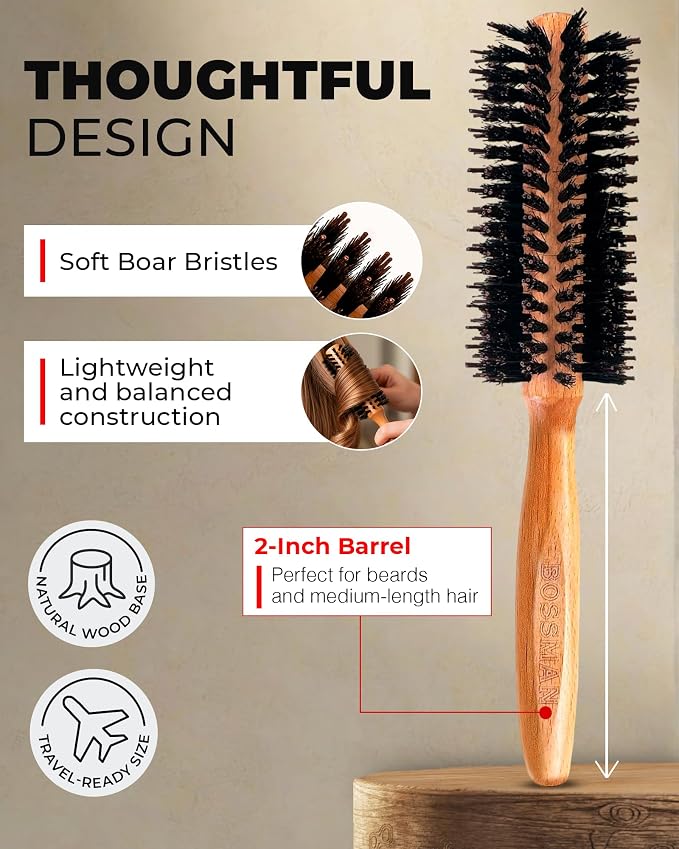 Bossman Boar & Nylon Bristle Round Hair Brush, 2 Inch - Blow Dryer Brush for Styling, Curling, Detangling, and Straightening
