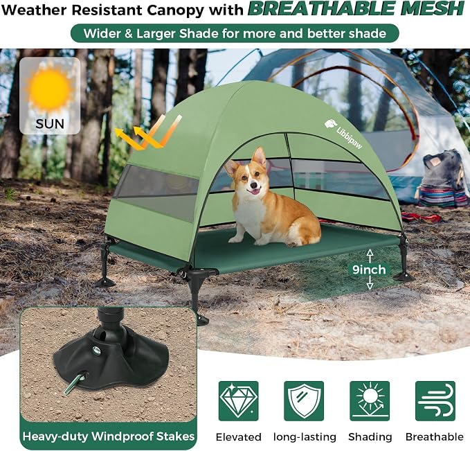 Outdoor Elevated Dog Bed with Canopy for Large Dogs, Green, L | Breathable Raised Cot with Shade, Tool-Free Setup for Patios, Backyards and Camping