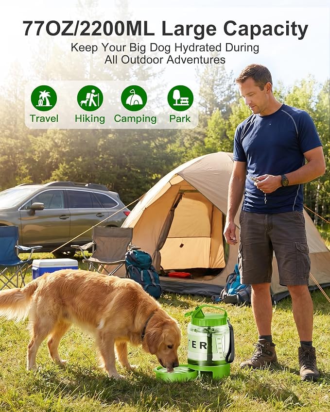 77oz Dog Water Dispenser, 2.2L Large Portable Dog Water Bottle with Pull-Out Drinking Bowl, BPA Free Leak-Proof Pet Travel Water Container for Camping, Hiking, Beach, Car Travel Essentials