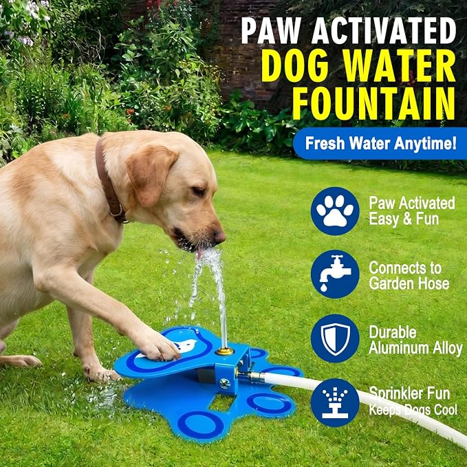 Outdoor Dog Water Fountain for Pets, Paw Activated Aluminum Dispenser | Step-on Automatic Dog Water Dispenser with Sprinkler Fun. Aluminum Self-service Pet Fountain for Yard, Outside, Patio