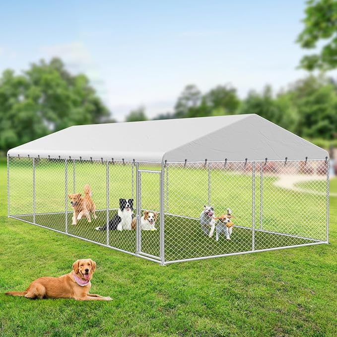 Rovibek 10X20FT Large Outside Dog Kennel, Heavy Duty Outside Dog Kennels Outdoor for Large Dogs with Secure Lock, Outdoor Dogs Enclosure for Yard with Thickened Roof