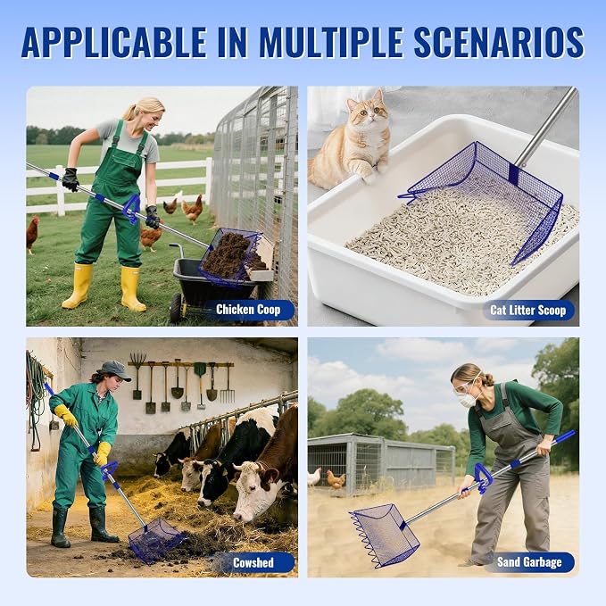 2-in-1 Chicken Coop Scooper: Extra Large 12” Poop Scooper & Rake with Adjustable Handle (37”-65”) | Heavy-Duty Metal Shovel for Quick Pet Waste, Rabbit, Guinea, Barn Cleaning | US Patent Pending, Blue