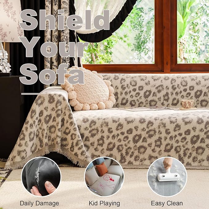 VClife Boho Couch Covers Vintage Leopard Sofa Covers for Sectional Couches, Washable Chenille Couch Cover for 3 Cushion Couch Sofa, Multi-Functional Living Room Furniture Protector for Sofa Bed, Gray