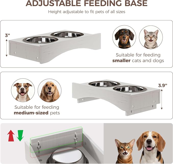 FIMELLO Dog Feeding Station with Storage, Dog Food Cabinet with 2 Hidden Feeding Bowls, Flip-Top Pet Storage Cabinet, Pet Food Holder, Black Grain