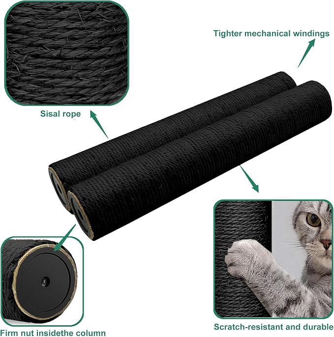 Gothic & Goth Cat Tree Tower Replacement Post - Black, 4 Pack, 15.7in Scratching Post Pole with M8 Screws, Natural Sisal for Cat Tree Repair & Rebuild