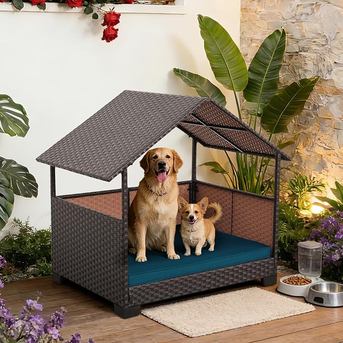 HDPE Wicker Dog House for Medium/Big Dogs 39x30x41in, Outdoor Dog Bed House with Canopy and All-Weather Non-Slip Dog Cot Cushion, Oversize Rattan Dog Bed Shelter and Pet Cabana, Brown