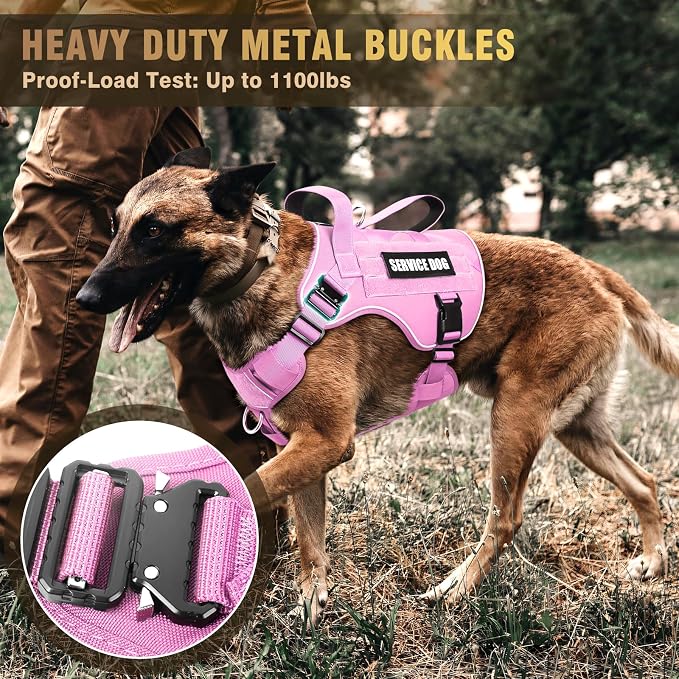 2X Metal Buckle Service Working MOLLE Dog Vest with 10 Pet Patches | Tactical Dog Harness for Large Dog, No-pull Military Working Vest for Training Hunting Walking，2x D Rings for Leash Clip
