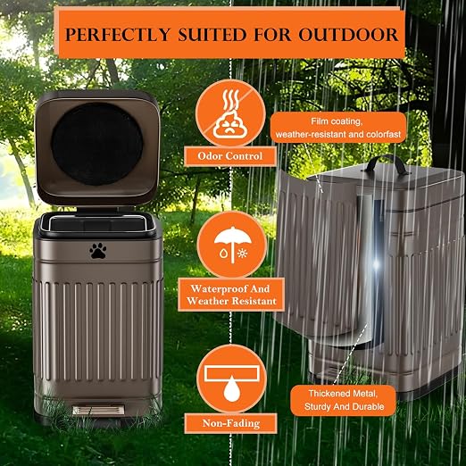 Dog Poop Trash Can Outside - 5L/1.3Gal Small Trash Can with Lid, Brown | Outdoor Dog Poop Trash Can with 40 Bags, Pedal, Removable Inner Bin, Metal Dog Waste Trash Can with Soft Close, Odor Control