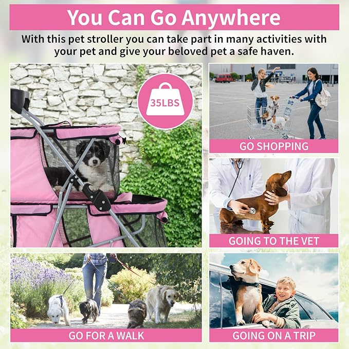 Dog Stroller 4 Wheels Cat Stroller Double Layer Pet Strollers Pet Carriers Jogger Strollers for Medium Dogs Cats Travel Camping Strolling Cart with Cup Holder Removable Liner, Pink