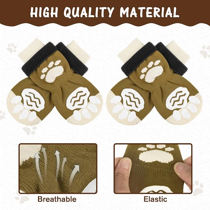 PUPTECK Anti-Slip Dog Socks with Double Sides Grips for Small Medium Large Dogs Hardwood Floors Prevents Licking, Dog Shoes for Hot Pavement Traction Control Paw Protector for Senior Dogs, Brown S