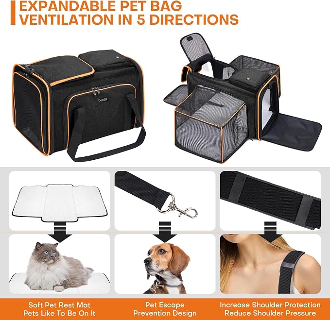 Pet Carrier, Large Soft Sided Expandable Travel Carrier with Steel Frame, Anti-Scratch Mesh, Removable Fleece Pad and Pockets for Cats, Dogs and Small Animals up to 15 lbs (Black, 4 Sides Expandable)