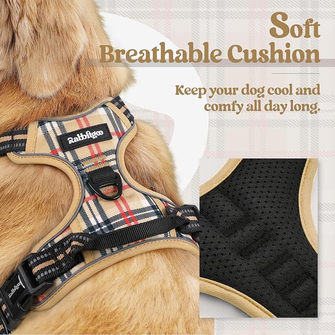 rabbitgoo Dog Harness, No Pull for Large Dogs with 2 Leash Clips, Pet Vest | No Choke with Handle, Adjustable Soft Padded, Reflective, Easy Control for Walking, Beige Plaid, Large
