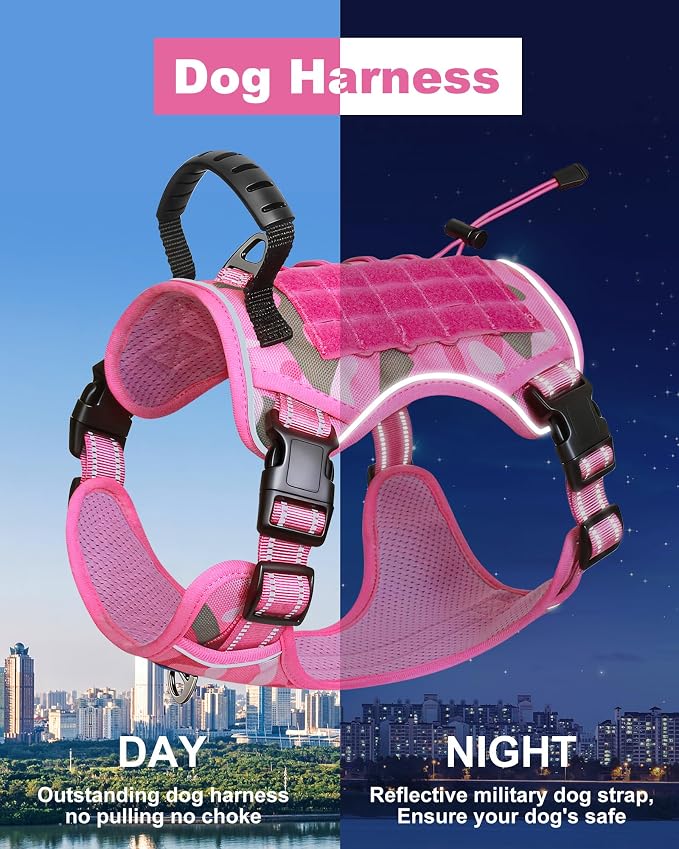 Tactical Dog Harness No Pull,Service Dog Vest with Handle,Pink Camo, XL | Adjustable Military,Reflective ＆ Molle Loop Panels, for Medium Large Size Dogs for Training Walking Running