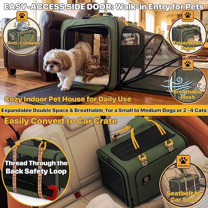 PAWZIDEA Large Pet Carrier Expandable, 24"×16"×16" Soft-Sided Cat Carrier for 2–4 Cats up 55lb, Portable & Collapsible Small Medium Dog Travel Crate for Car, XL Storage Pocket, ID Card, Shoulder Strap
